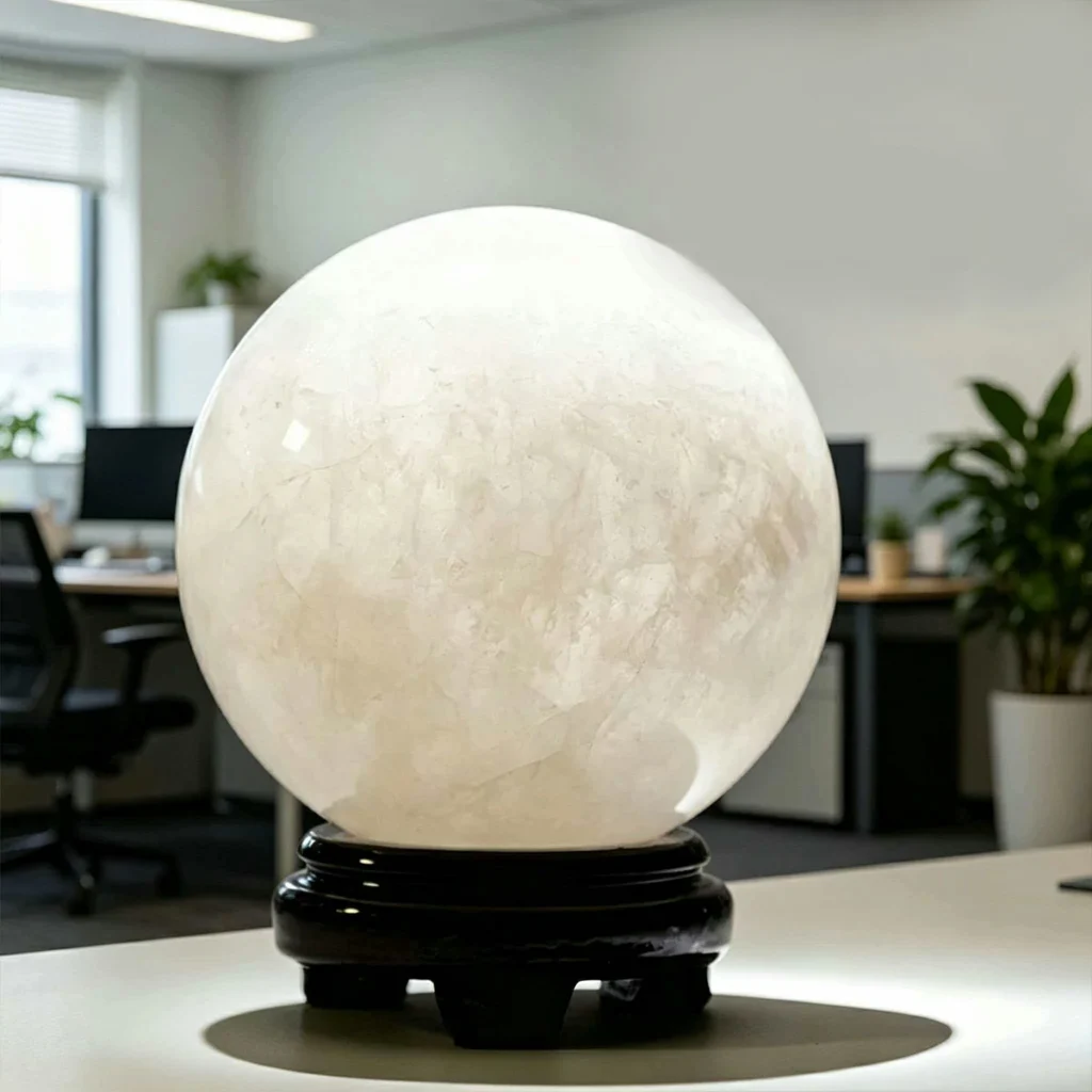 small clear quartz sphere,clear crystal ball,white crystal sphere,clear quartz desk decor,clarity crystal decor,wisdom inspired crystal sphere,symbolic cleansing decor,study desk crystal ball,home office crystal decor,TS-4052 crystal sphere