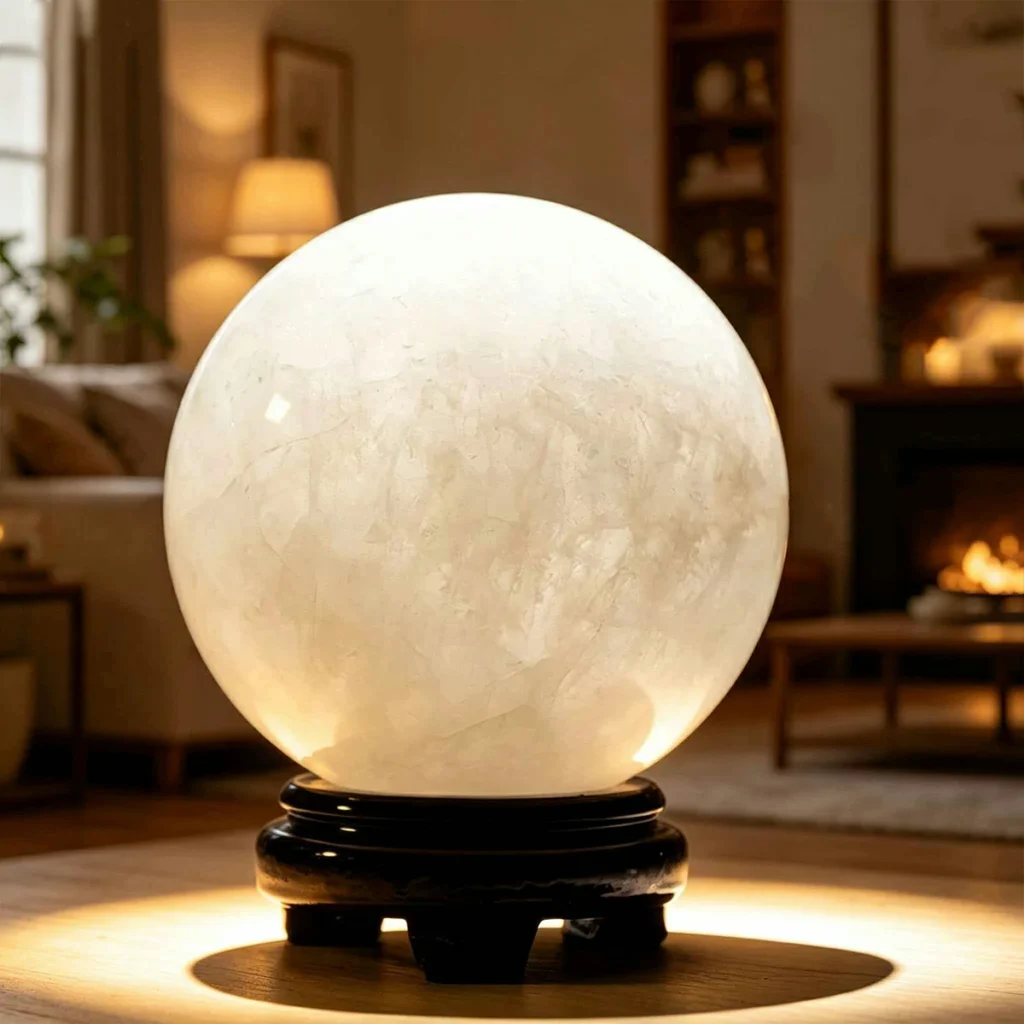 large clear quartz sphere,clear crystal ball,white crystal sphere,clear quartz ball decor,clarity crystal decor,wisdom inspired crystal sphere,symbolic cleansing decor,home office crystal decor,study desk crystal ball,TS-4051 crystal sphere
