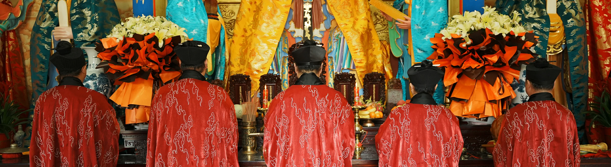 Taoist ritual ceremony altar with practitioners for blessing service page
