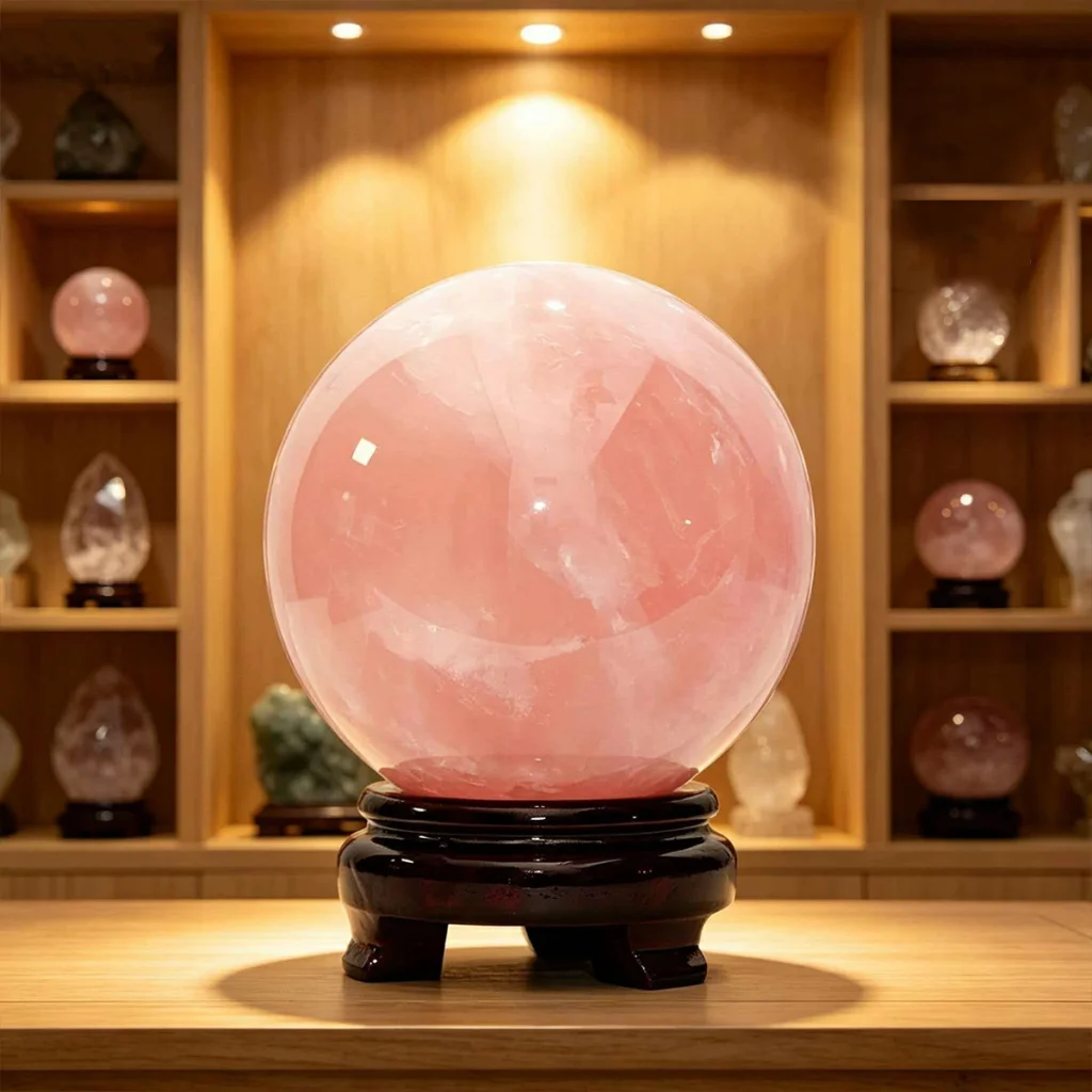 small rose quartz sphere,rose quartz crystal ball,pink crystal sphere,rose quartz desk decor,relationship harmony crystal decor,social warmth decor,pink crystal ball decor,bedside crystal decor,compact rose quartz sphere,TS-4062 crystal sphere