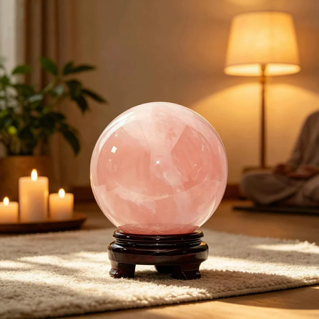 small rose quartz sphere,rose quartz crystal ball,pink crystal sphere,rose quartz desk decor,relationship harmony crystal decor,social warmth decor,pink crystal ball decor,bedside crystal decor,compact rose quartz sphere,TS-4062 crystal sphere