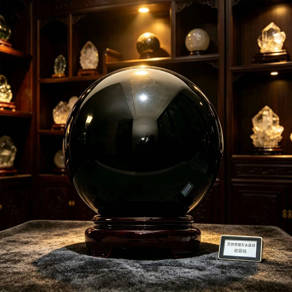 large black crystal sphere,black crystal ball,black crystal sphere decor,grounding crystal decor,protective symbolism crystal ball,black sphere ornament,office crystal decor,home crystal ball decor,polished black crystal sphere,TS-4041 crystal sphere
