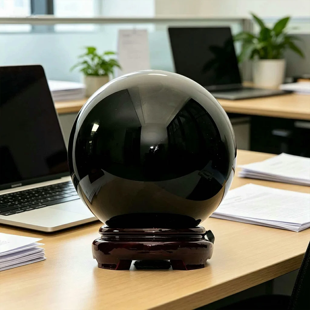 large black crystal sphere,black crystal ball,black crystal sphere decor,grounding crystal decor,protective symbolism crystal ball,black sphere ornament,office crystal decor,home crystal ball decor,polished black crystal sphere,TS-4041 crystal sphere