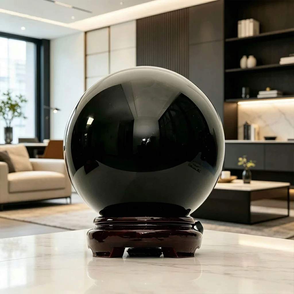 large black crystal sphere,black crystal ball,black crystal sphere decor,grounding crystal decor,protective symbolism crystal ball,black sphere ornament,office crystal decor,home crystal ball decor,polished black crystal sphere,TS-4041 crystal sphere
