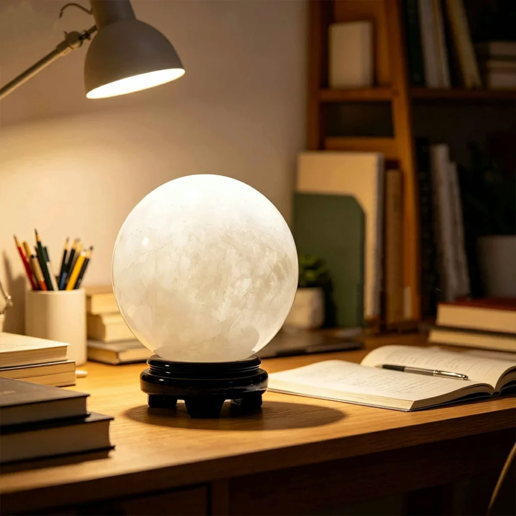 large clear quartz sphere,clear crystal ball,white crystal sphere,clear quartz ball decor,clarity crystal decor,wisdom inspired crystal sphere,symbolic cleansing decor,home office crystal decor,study desk crystal ball,TS-4051 crystal sphere