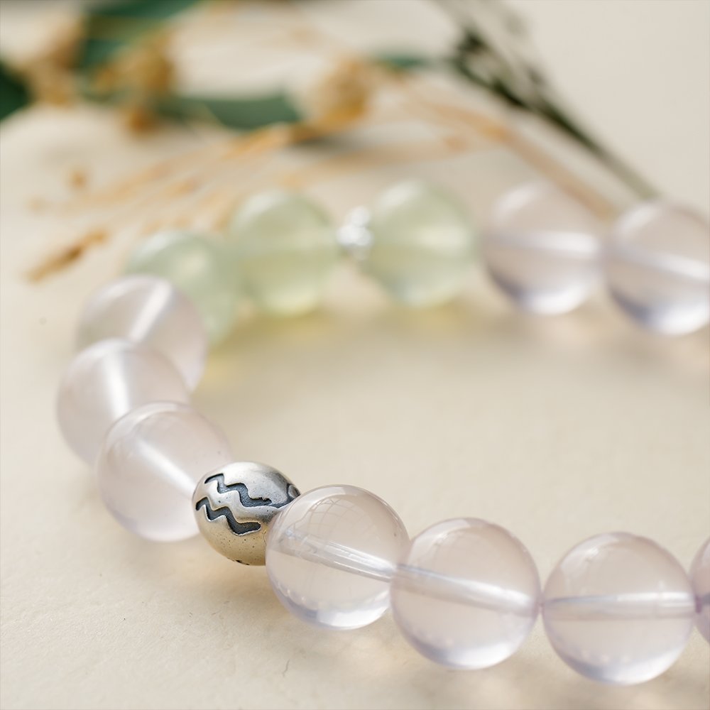 Aquarius crystal bracelet,rose quartz prehnite bracelet,Aquarius guardian bracelet,clear thought crystal bracelet,zodiac crystal bracelet,rose quartz bracelet,prehnite bracelet,astrology inspired jewelry,symbolic crystal jewelry,TS-124 bracelet