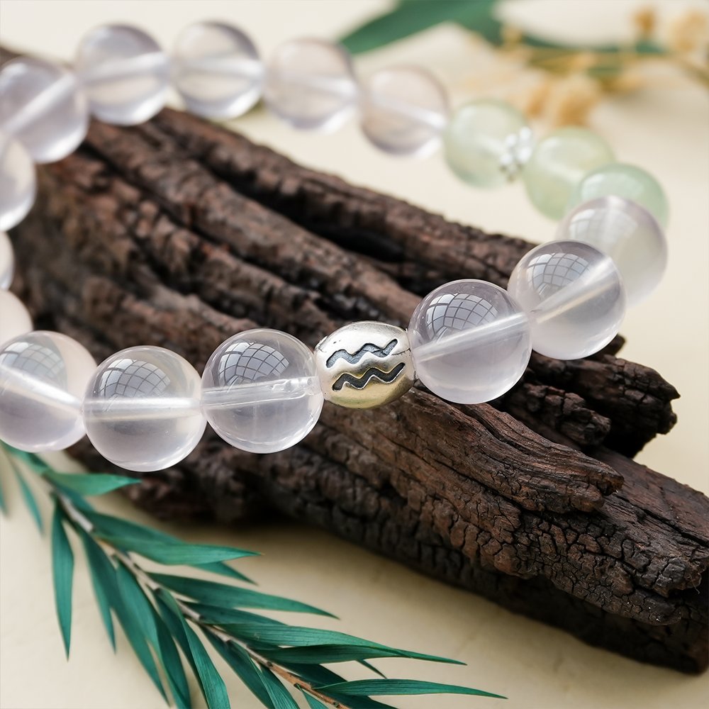 Aquarius crystal bracelet,rose quartz prehnite bracelet,Aquarius guardian bracelet,clear thought crystal bracelet,zodiac crystal bracelet,rose quartz bracelet,prehnite bracelet,astrology inspired jewelry,symbolic crystal jewelry,TS-124 bracelet