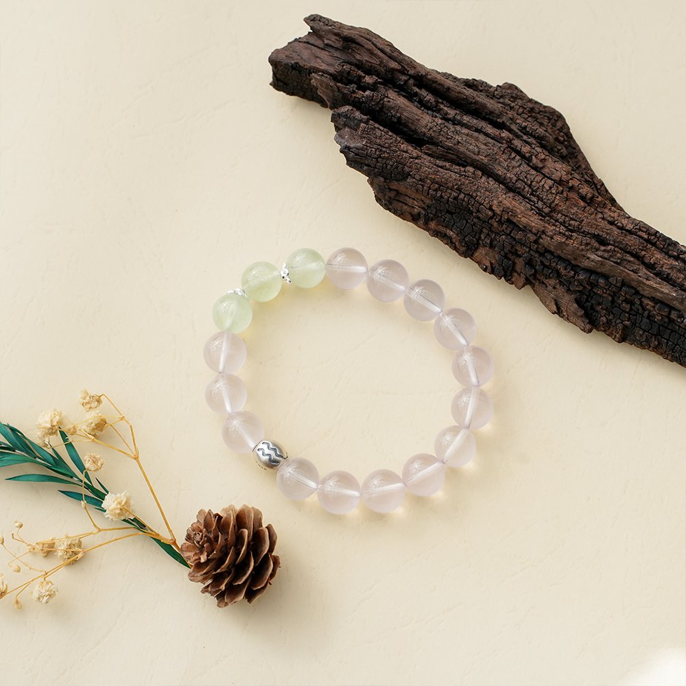 Aquarius crystal bracelet,rose quartz prehnite bracelet,Aquarius guardian bracelet,clear thought crystal bracelet,zodiac crystal bracelet,rose quartz bracelet,prehnite bracelet,astrology inspired jewelry,symbolic crystal jewelry,TS-124 bracelet