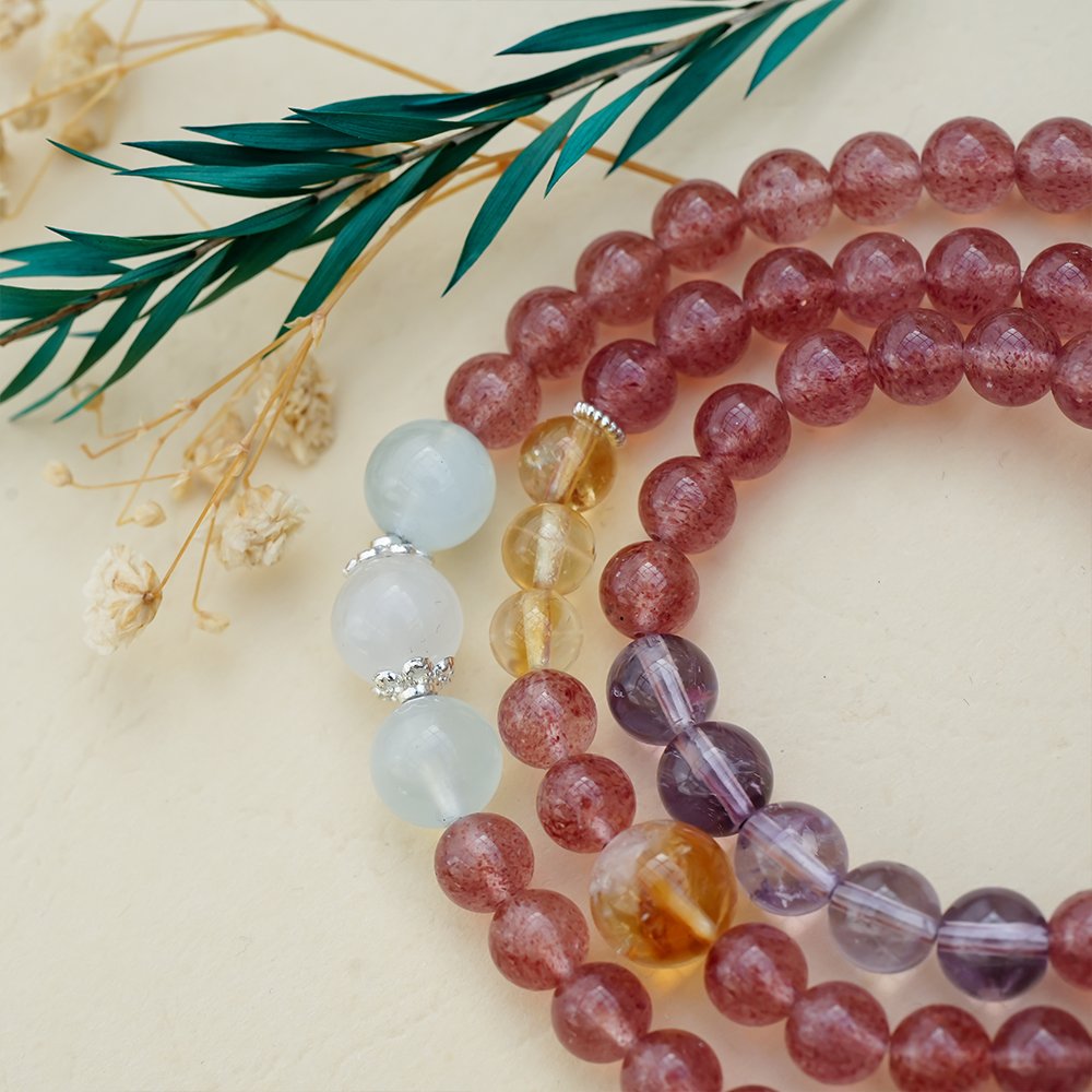 Aries crystal bracelet,Aries passion bracelet,zodiac crystal bracelet,rose quartz amethyst bracelet,strawberry quartz aquamarine bracelet,yellow phantom quartz bracelet,blue moonstone bracelet,Nanhong red agate bracelet,symbolic crystal jewelry,TS-212 bracelet