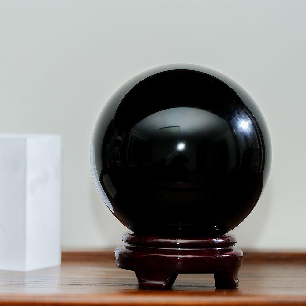 large black crystal sphere,black crystal ball,black crystal sphere decor,grounding crystal decor,protective symbolism crystal ball,black sphere ornament,office crystal decor,home crystal ball decor,polished black crystal sphere,TS-4041 crystal sphere