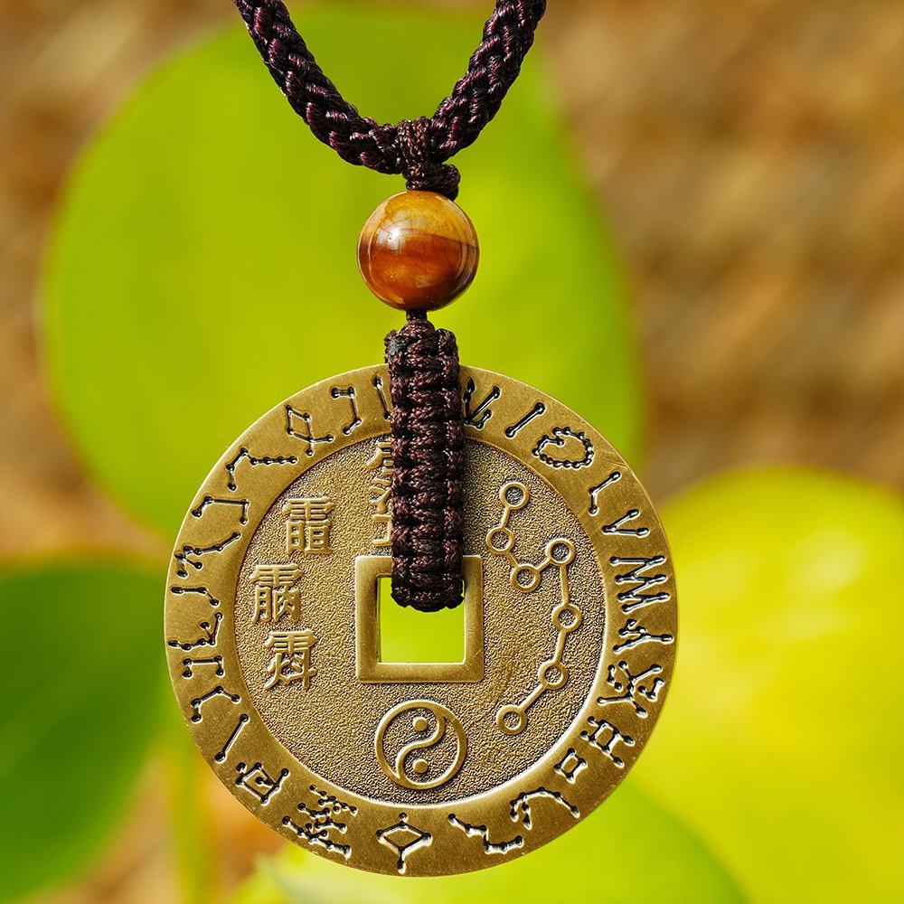 Five Thunder Command pendant,Ziwei Hui pendant,Daoist brass pendant,Taoist culture pendant,Chinese symbolic pendant,brass amulet necklace,brown cord pendant,protective symbolism jewelry,auspicious brass pendant,TD-301 pendant