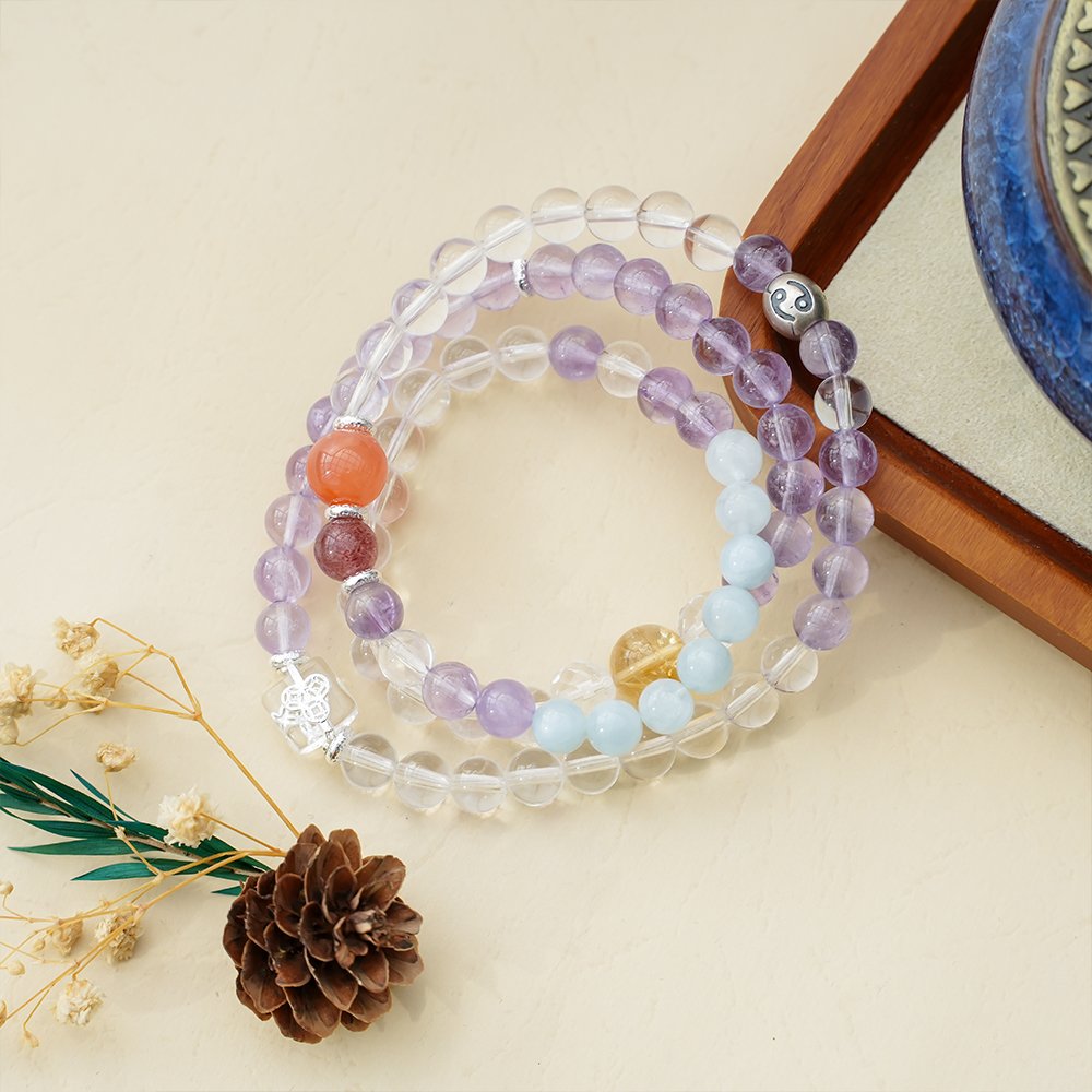 Cancer zodiac bracelet,Cancer crystal bracelet,gentle guardian crystal bracelet,amethyst clear quartz bracelet,strawberry quartz bracelet,Nanhong red agate bracelet,aquamarine bracelet,yellow phantom quartz bracelet,courage symbolism bracelet,confidence crystal bracelet,TS-213 bracelet
