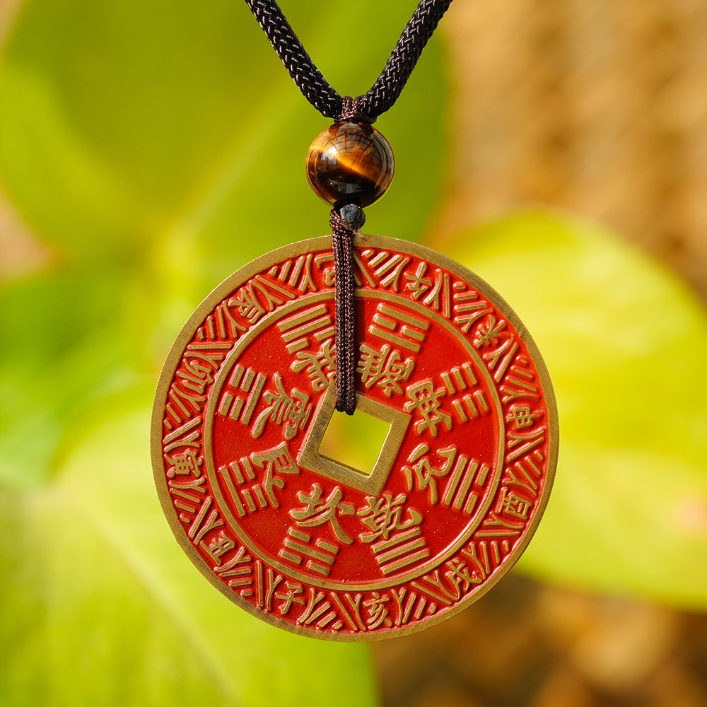 Shan Gui Hua Qian pendant,cinnabar red brass pendant,Chinese symbolic pendant,brass coin pendant,protective symbolism necklace,Chinese cultural jewelry,auspicious brass pendant,traditional Chinese necklace,red brass pendant,TD-306 pendant