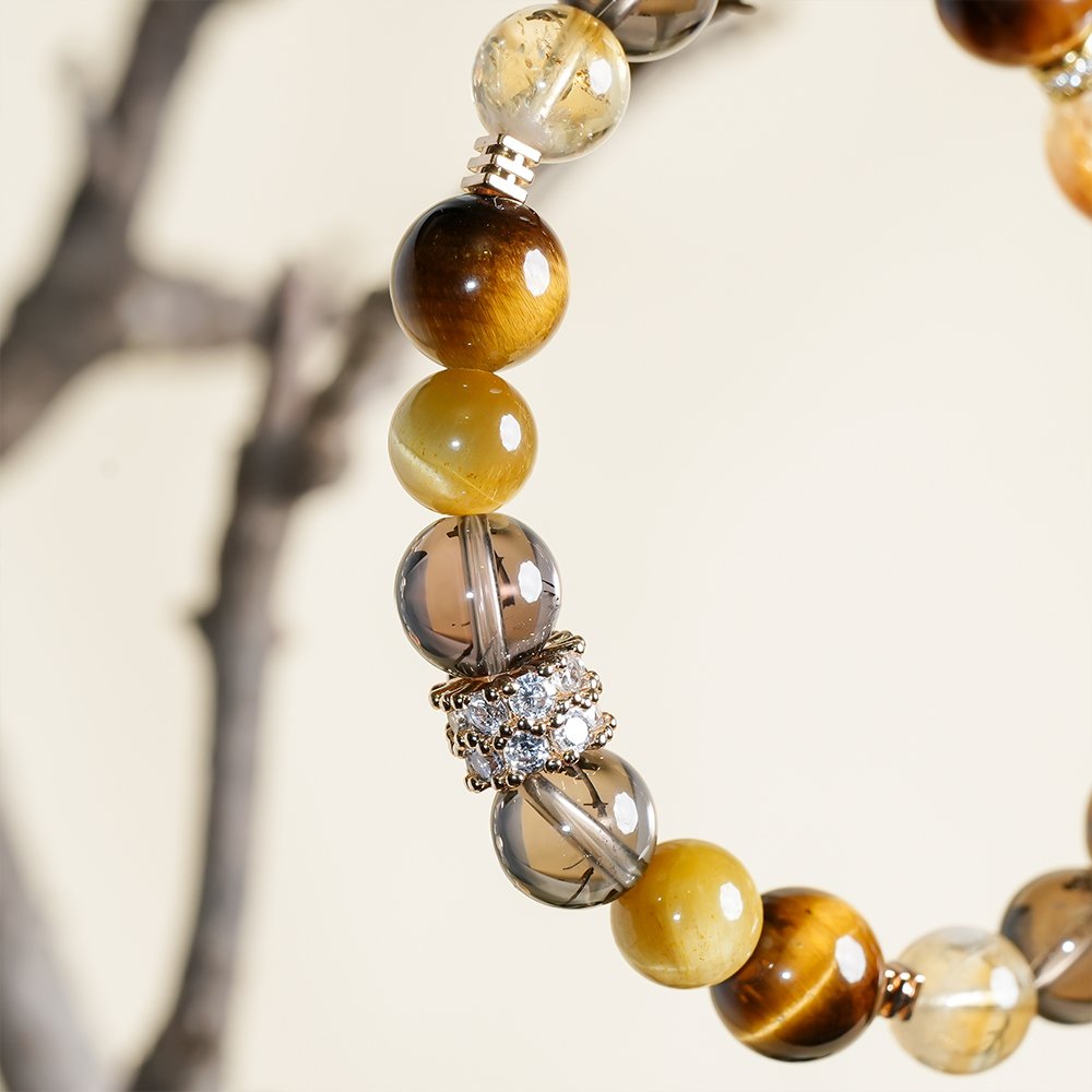 yellow phantom quartz bracelet,smoky quartz tiger eye bracelet,yellow tiger eye bracelet,golden tiger eye bracelet,abundance inspired crystal bracelet,men’s crystal bracelet,focus crystal bracelet,grounding crystal bracelet,natural stone bracelet,TS-116 bracelet
