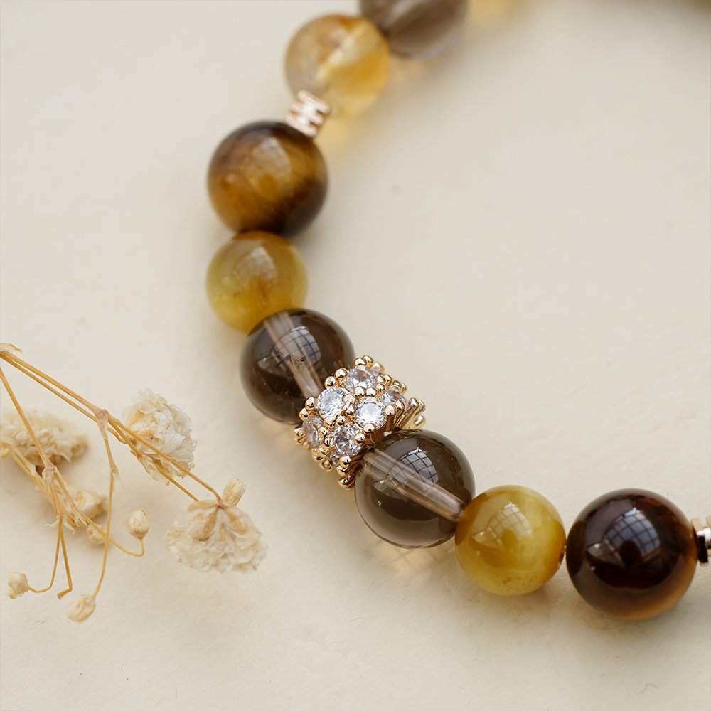 yellow phantom quartz bracelet,smoky quartz tiger eye bracelet,yellow tiger eye bracelet,golden tiger eye bracelet,abundance inspired crystal bracelet,men’s crystal bracelet,focus crystal bracelet,grounding crystal bracelet,natural stone bracelet,TS-116 bracelet