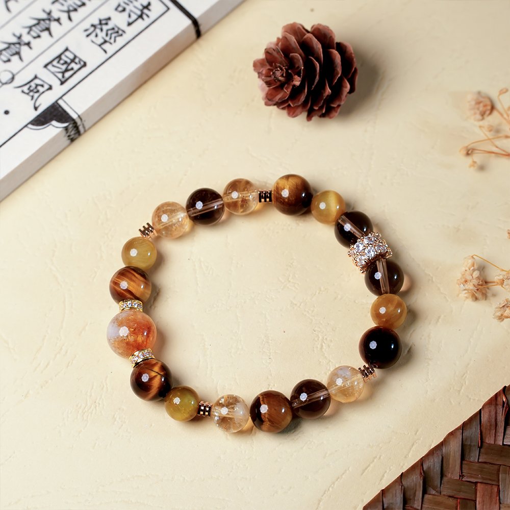 yellow phantom quartz bracelet,smoky quartz tiger eye bracelet,yellow tiger eye bracelet,golden tiger eye bracelet,abundance inspired crystal bracelet,men’s crystal bracelet,focus crystal bracelet,grounding crystal bracelet,natural stone bracelet,TS-116 bracelet