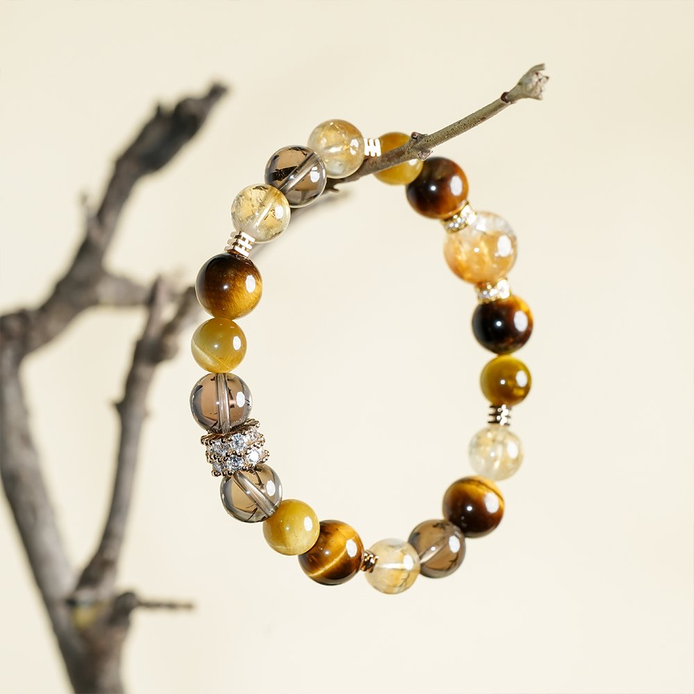 yellow phantom quartz bracelet,smoky quartz tiger eye bracelet,yellow tiger eye bracelet,golden tiger eye bracelet,abundance inspired crystal bracelet,men’s crystal bracelet,focus crystal bracelet,grounding crystal bracelet,natural stone bracelet,TS-116 bracelet
