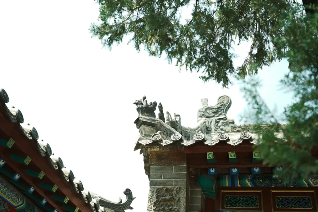 Taoist temple roof ornament and tree branches