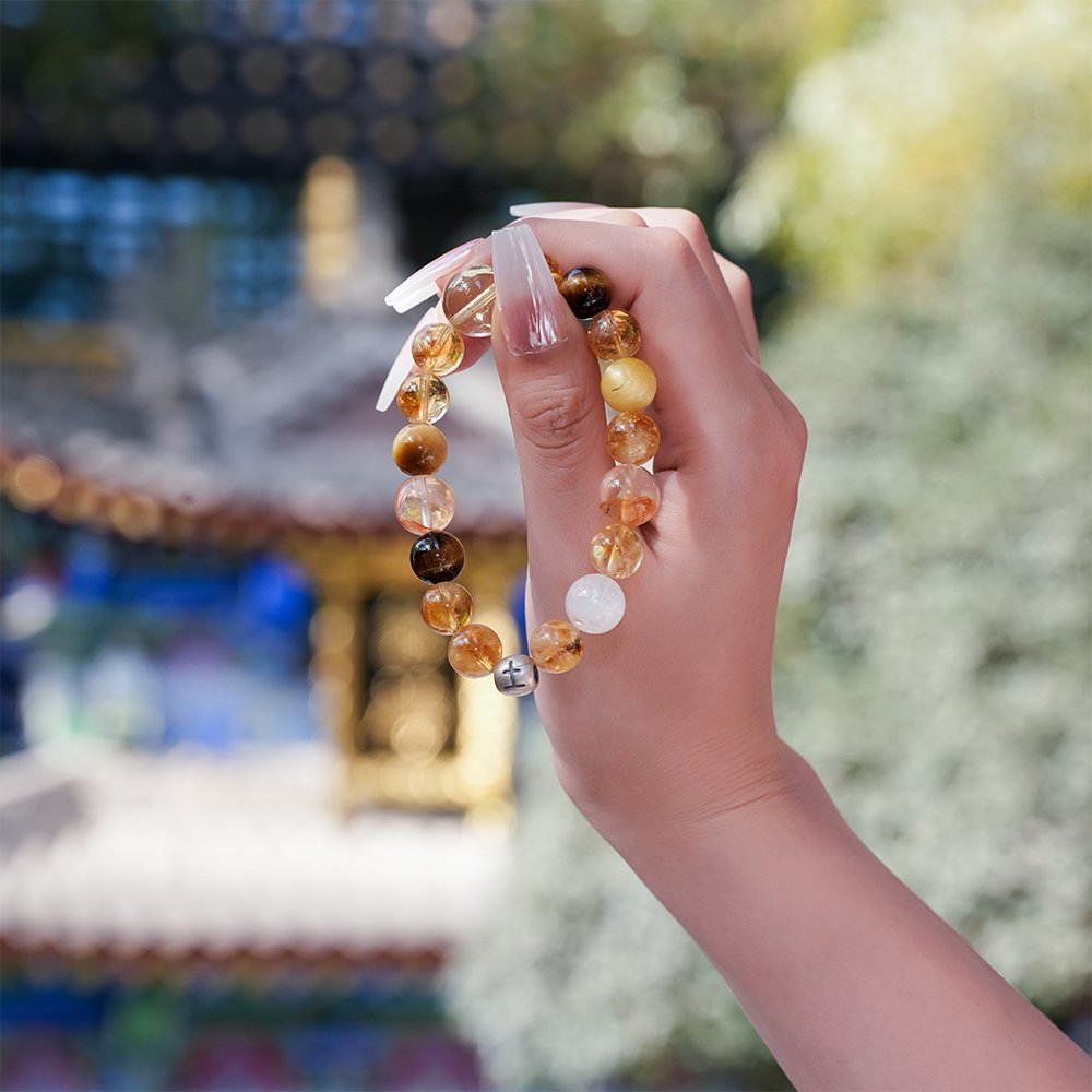 Five Elements Energy Earth Blessing Bracelet,TS-1025,yellow tiger eye bracelet,golden tiger eye bracelet,white phantom quartz bracelet,yellow crystal bracelet,earth element crystal bracelet,crystal bracelet gift