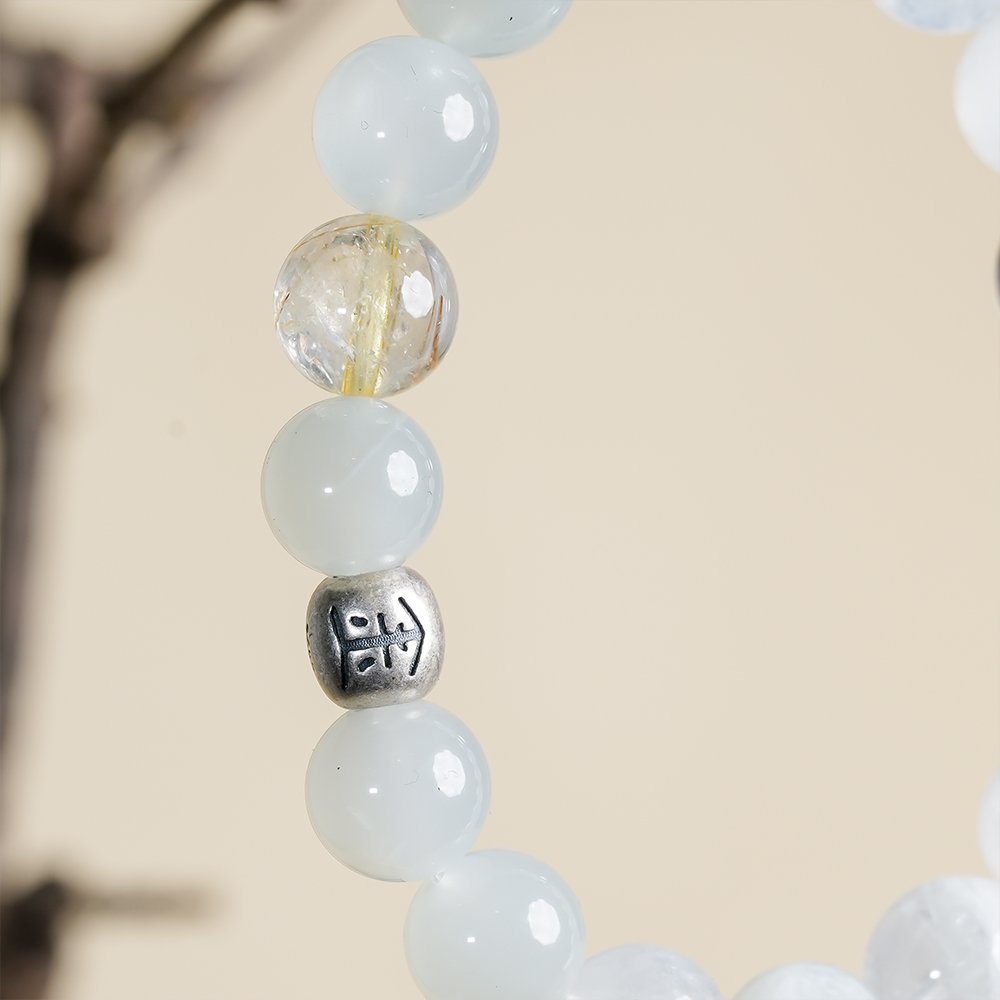 Five Elements Energy Metal Momentum Bracelet,TS-1021,white phantom quartz bracelet,clear quartz bracelet,white moonstone bracelet,blue moonstone bracelet,gold rutilated quartz bracelet,metal element crystal bracelet
