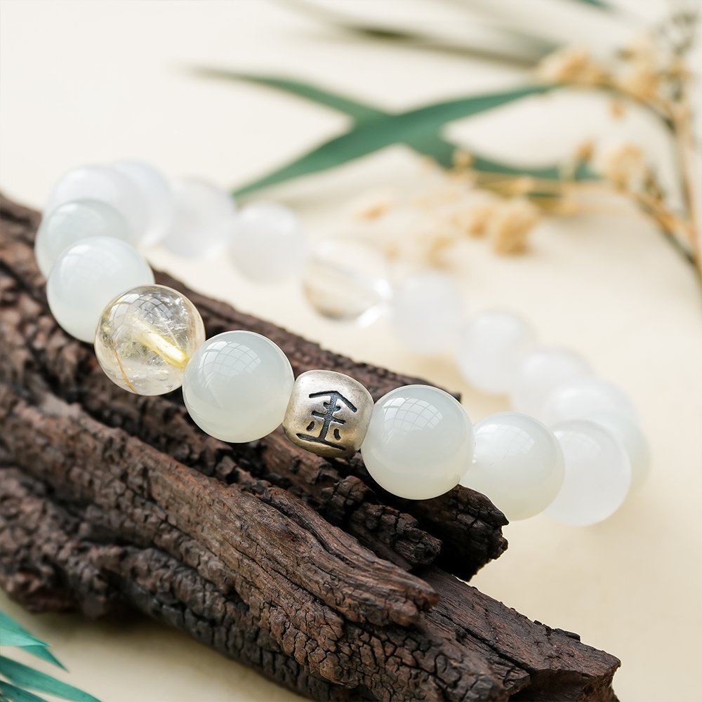Five Elements Energy Metal Momentum Bracelet,TS-1021,white phantom quartz bracelet,clear quartz bracelet,white moonstone bracelet,blue moonstone bracelet,gold rutilated quartz bracelet,metal element crystal bracelet