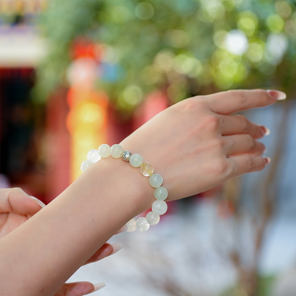 Five Elements Energy Metal Momentum Bracelet,TS-1021,white phantom quartz bracelet,clear quartz bracelet,white moonstone bracelet,blue moonstone bracelet,gold rutilated quartz bracelet,metal element crystal bracelet