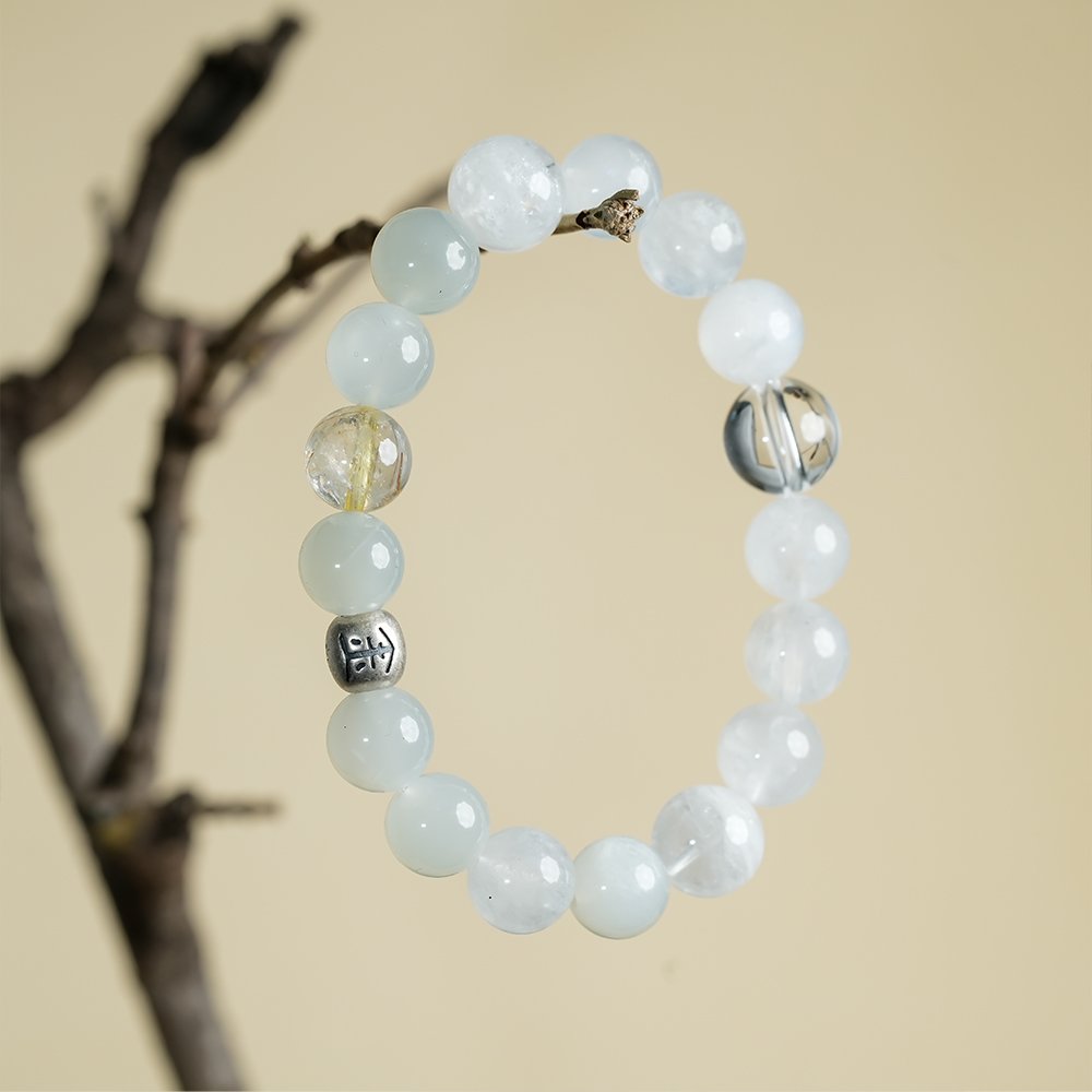 Five Elements Energy Metal Momentum Bracelet,TS-1021,white phantom quartz bracelet,clear quartz bracelet,white moonstone bracelet,blue moonstone bracelet,gold rutilated quartz bracelet,metal element crystal bracelet