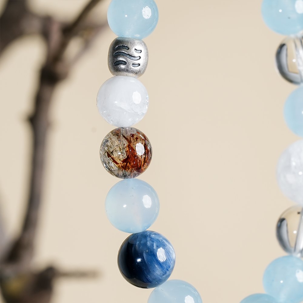 Five Elements Energy Water Flow Bracelet,TS-1023,white phantom quartz bracelet,clear quartz bracelet,blue chalcedony bracelet,blue agate bracelet,aquamarine bracelet,water element crystal bracelet