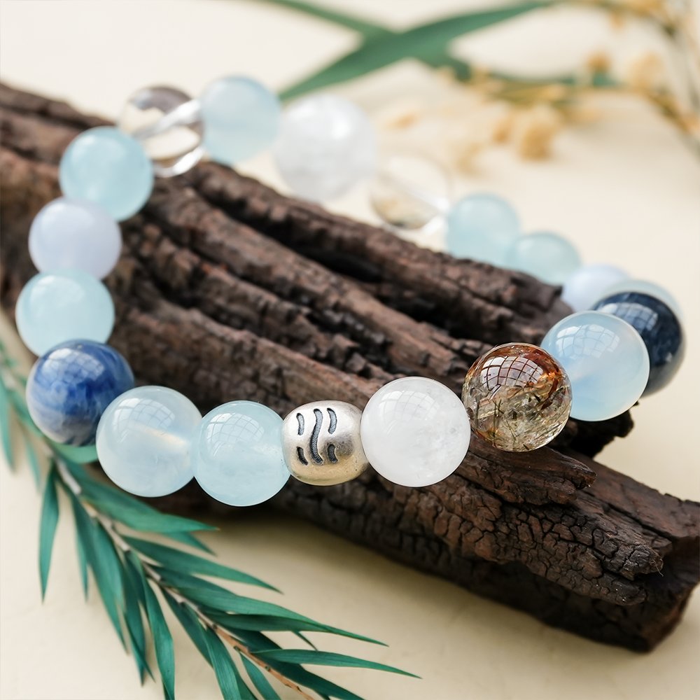 Five Elements Energy Water Flow Bracelet,TS-1023,white phantom quartz bracelet,clear quartz bracelet,blue chalcedony bracelet,blue agate bracelet,aquamarine bracelet,water element crystal bracelet