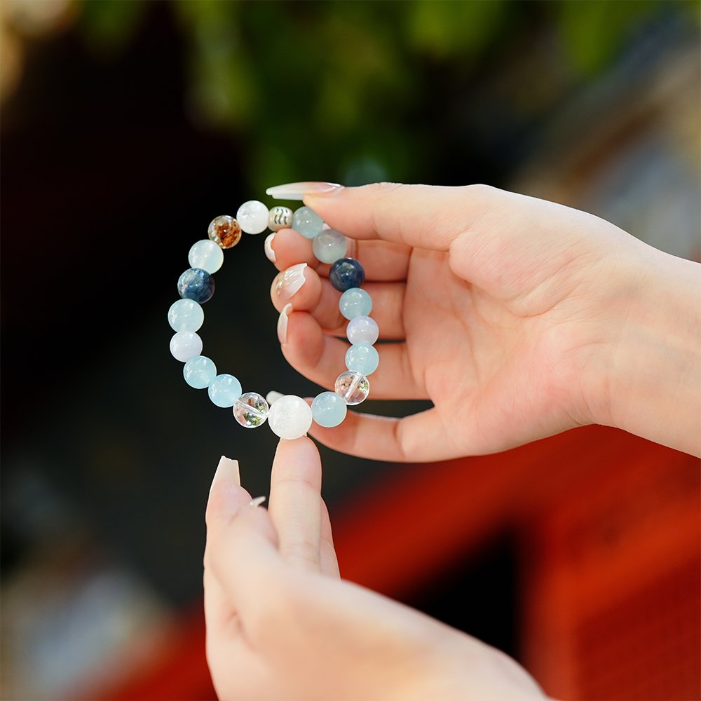Five Elements Energy Water Flow Bracelet,TS-1023,white phantom quartz bracelet,clear quartz bracelet,blue chalcedony bracelet,blue agate bracelet,aquamarine bracelet,water element crystal bracelet