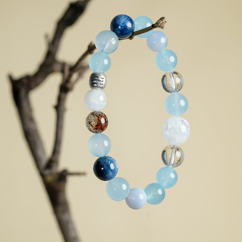 Five Elements Energy Water Flow Bracelet,TS-1023,white phantom quartz bracelet,clear quartz bracelet,blue chalcedony bracelet,blue agate bracelet,aquamarine bracelet,water element crystal bracelet