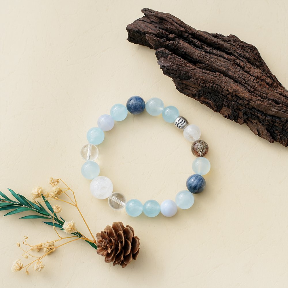 Five Elements Energy Water Flow Bracelet,TS-1023,white phantom quartz bracelet,clear quartz bracelet,blue chalcedony bracelet,blue agate bracelet,aquamarine bracelet,water element crystal bracelet