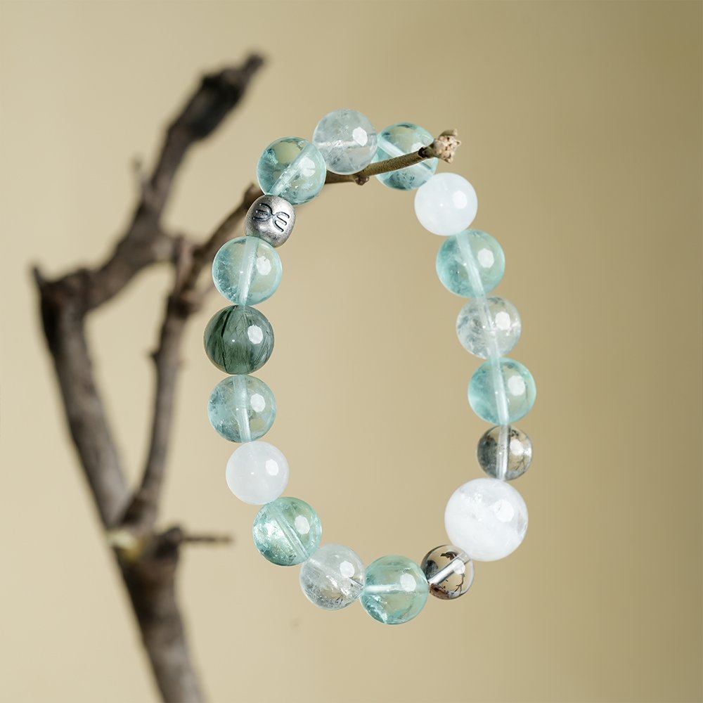 Five Elements Energy Wood Vitality Bracelet,TS-1022,green fluorite bracelet,green rutilated quartz bracelet,blue moonstone bracelet,green phantom quartz bracelet,wood element crystal bracelet,crystal bracelet gift