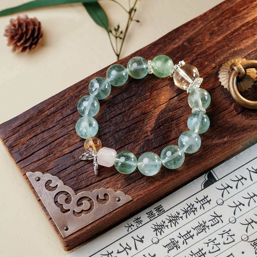 green fluorite bracelet,citrine bracelet,rose quartz bracelet,focus inspired crystal bracelet,study crystal bracelet,workday crystal bracelet,creative inspiration bracelet,green crystal bracelet,meaningful crystal jewelry,TS-128 bracelet