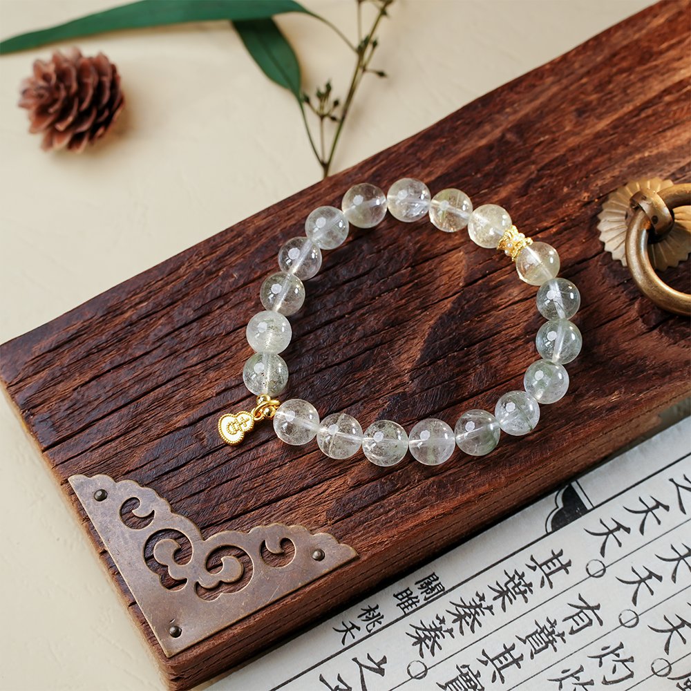 green phantom quartz bracelet,green ghost quartz bracelet,career minded crystal bracelet,abundance inspired bracelet,green crystal bracelet,gourd charm bracelet,natural stone bracelet,meaningful crystal jewelry,growth symbolism bracelet,TS-130 bracelet