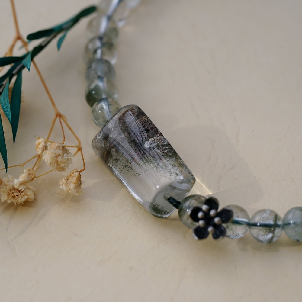 green phantom quartz bracelet,green phantom plaque bracelet,freeform crystal plaque bracelet,calm composure crystal bracelet,career minded crystal bracelet,green crystal bracelet,925 silver crystal bracelet,abundance inspired bracelet,symbolic crystal jewelry,TS-214 bracelet