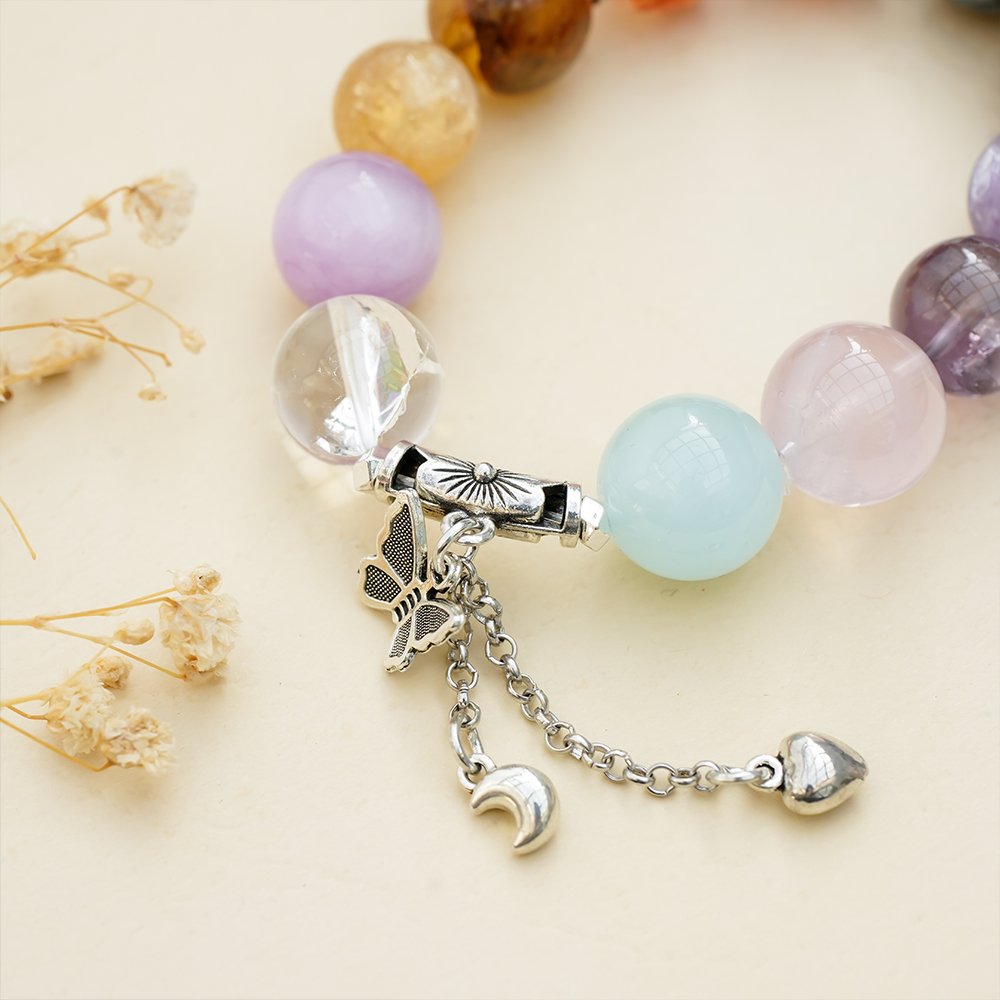 aquamarine multi gem bracelet,calm clarity crystal bracelet,large bead crystal bracelet,aquamarine rose quartz bracelet,strawberry quartz bracelet,hawk’s eye crystal bracelet,azeztulite crystal bracelet,lepidolite crystal bracelet,multi stone crystal jewelry,TS-114 bracelet