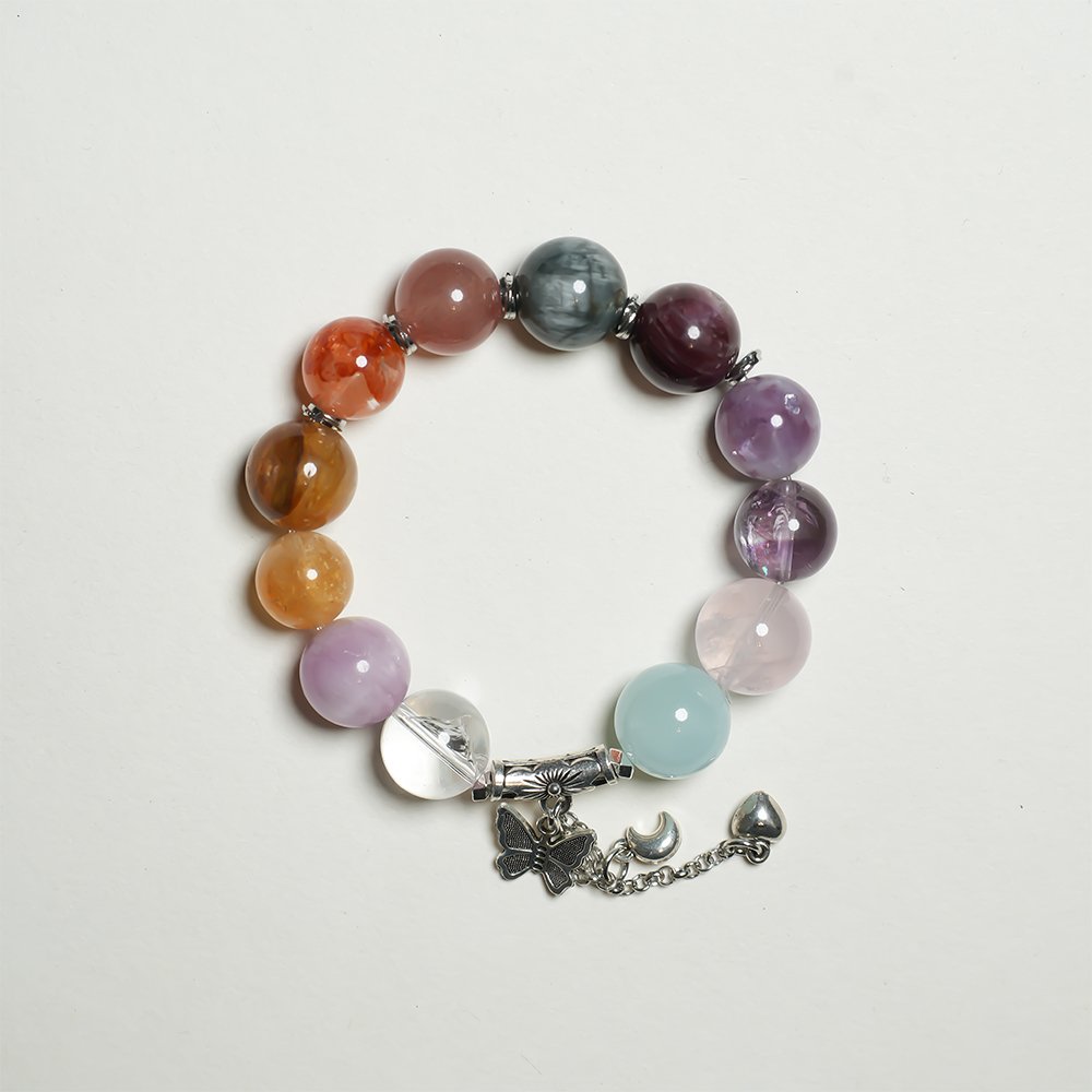 aquamarine multi gem bracelet,calm clarity crystal bracelet,large bead crystal bracelet,aquamarine rose quartz bracelet,strawberry quartz bracelet,hawk’s eye crystal bracelet,azeztulite crystal bracelet,lepidolite crystal bracelet,multi stone crystal jewelry,TS-114 bracelet