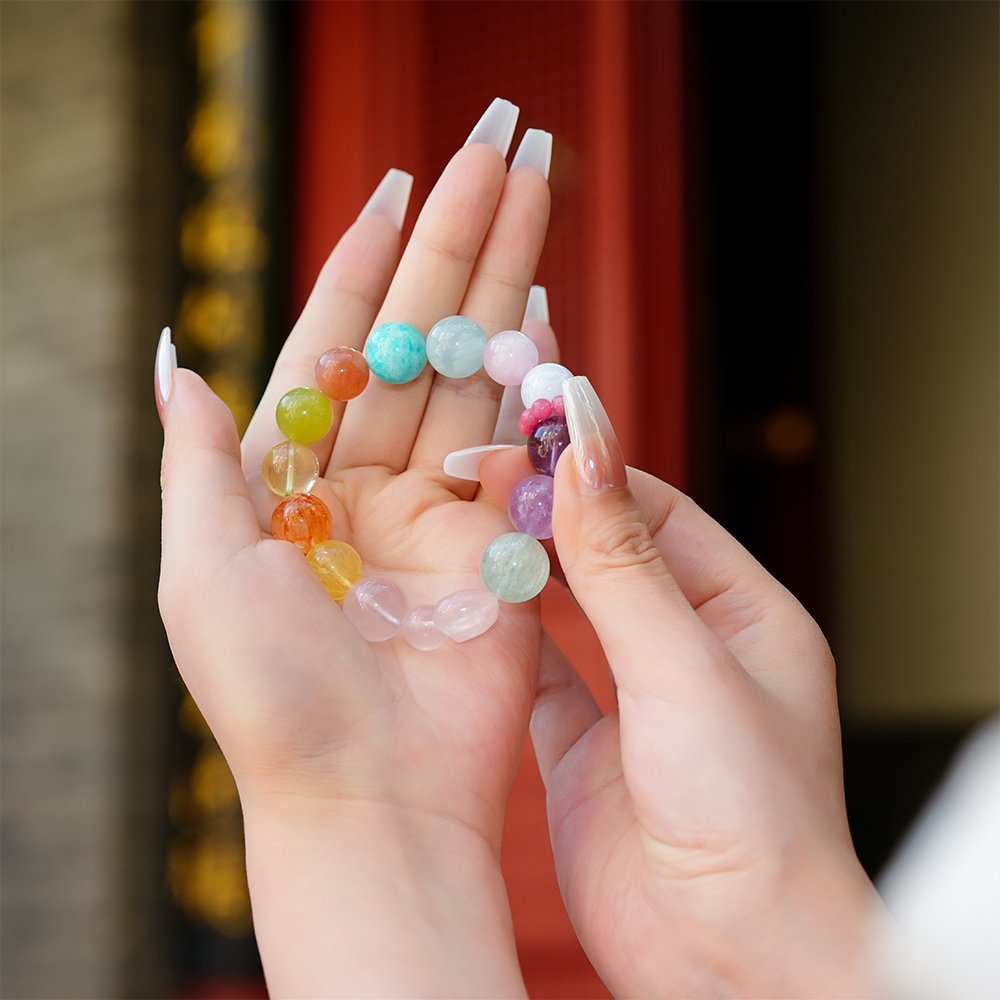 large bead crystal bracelet,multi gem crystal bracelet,emotional clarity crystal bracelet,amethyst fluorite rose quartz bracelet,citrine sunstone amazonite bracelet,aquamarine blue agate bracelet,colorful crystal bracelet,crystal jewelry gift,TS-113 bracelet