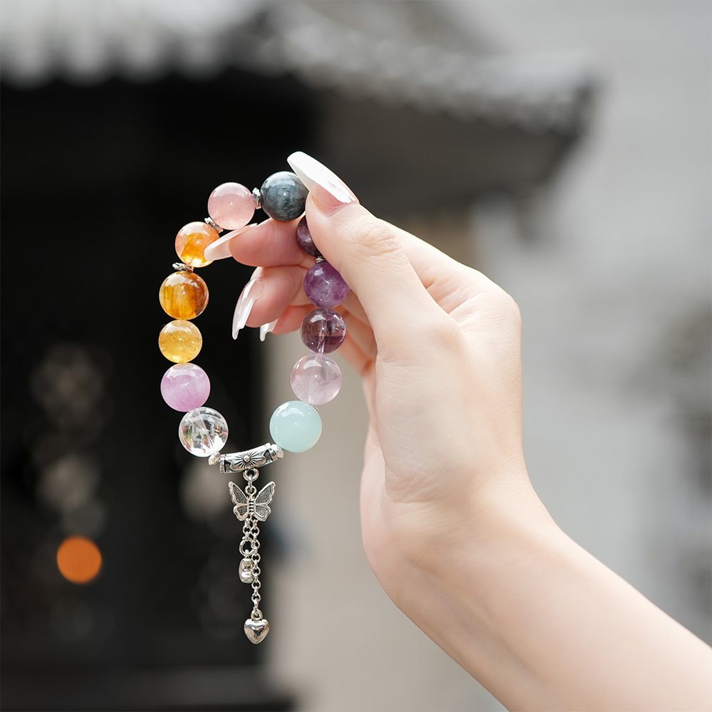 aquamarine multi gem bracelet,calm clarity crystal bracelet,large bead crystal bracelet,aquamarine rose quartz bracelet,strawberry quartz bracelet,hawk’s eye crystal bracelet,azeztulite crystal bracelet,lepidolite crystal bracelet,multi stone crystal jewelry,TS-114 bracelet
