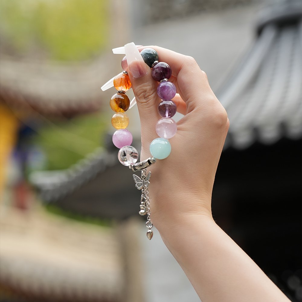 aquamarine multi gem bracelet,calm clarity crystal bracelet,large bead crystal bracelet,aquamarine rose quartz bracelet,strawberry quartz bracelet,hawk’s eye crystal bracelet,azeztulite crystal bracelet,lepidolite crystal bracelet,multi stone crystal jewelry,TS-114 bracelet