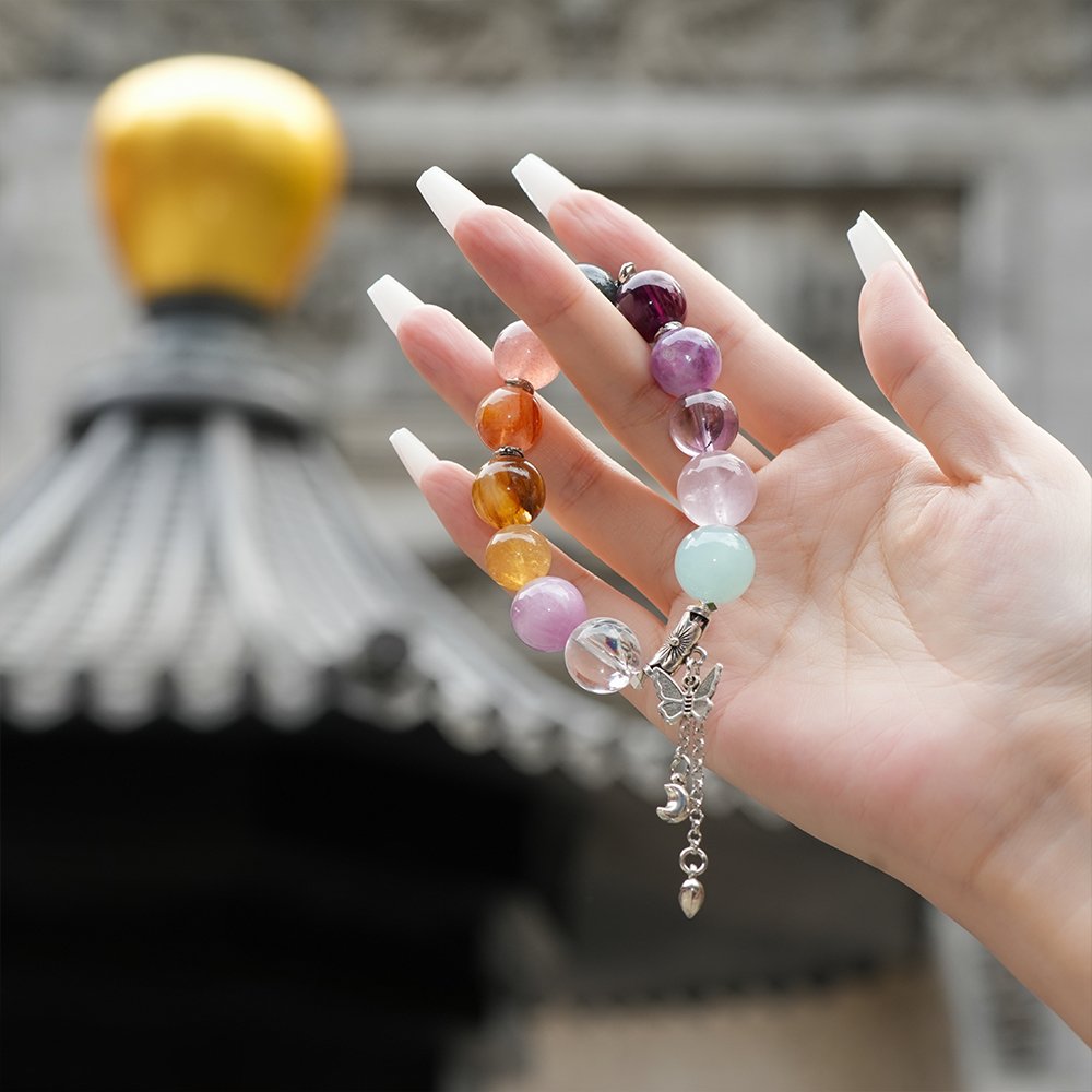 aquamarine multi gem bracelet,calm clarity crystal bracelet,large bead crystal bracelet,aquamarine rose quartz bracelet,strawberry quartz bracelet,hawk’s eye crystal bracelet,azeztulite crystal bracelet,lepidolite crystal bracelet,multi stone crystal jewelry,TS-114 bracelet