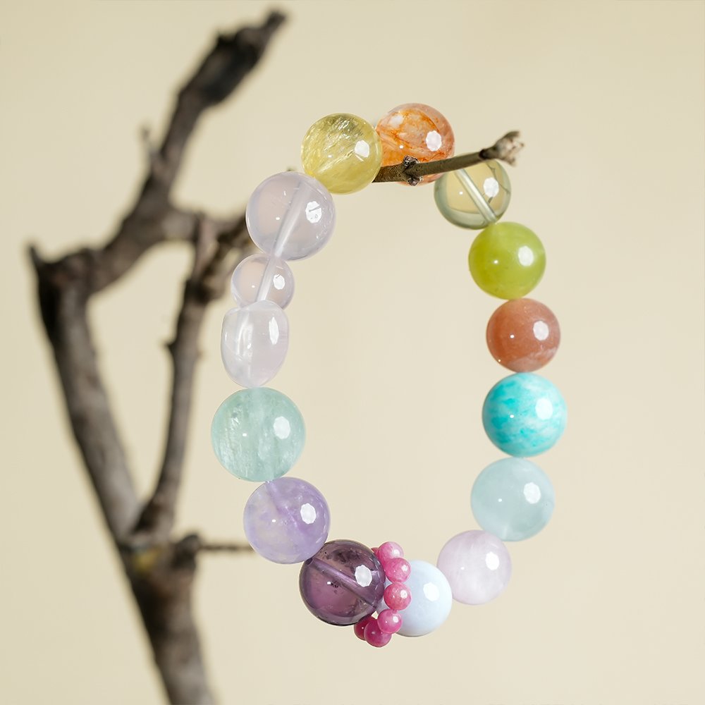 large bead crystal bracelet,multi gem crystal bracelet,emotional clarity crystal bracelet,amethyst fluorite rose quartz bracelet,citrine sunstone amazonite bracelet,aquamarine blue agate bracelet,colorful crystal bracelet,crystal jewelry gift,TS-113 bracelet