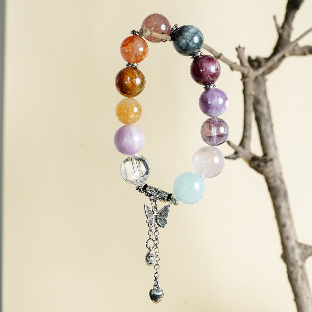 aquamarine multi gem bracelet,calm clarity crystal bracelet,large bead crystal bracelet,aquamarine rose quartz bracelet,strawberry quartz bracelet,hawk’s eye crystal bracelet,azeztulite crystal bracelet,lepidolite crystal bracelet,multi stone crystal jewelry,TS-114 bracelet