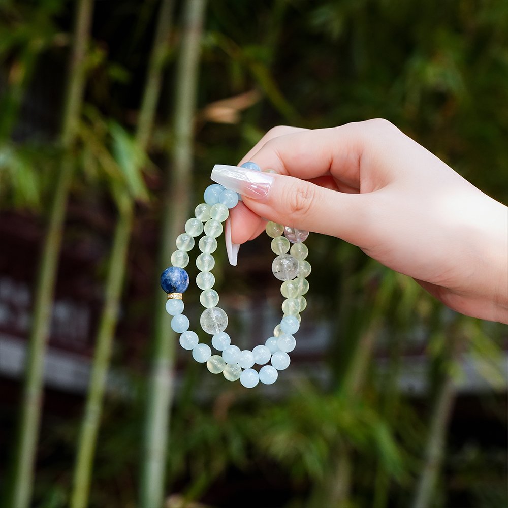 prehnite aquamarine bracelet,green phantom quartz bracelet,blue crystal bracelet,career minded crystal bracelet,communication symbolism bracelet,clear direction crystal bracelet,green blue crystal bracelet,meaningful crystal jewelry,daily wear crystal bracelet,TS-211 bracelet