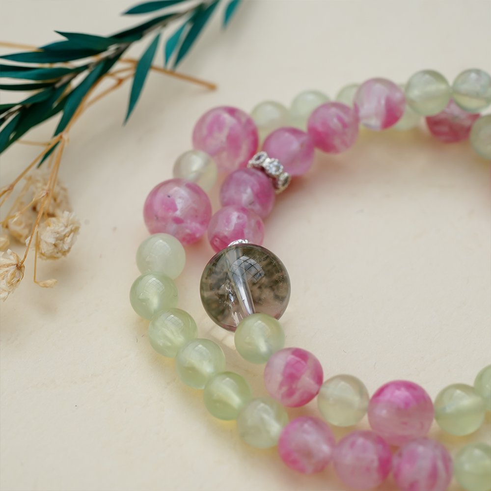 prehnite bracelet,rose stone bracelet,green phantom quartz bracelet,multi wrap crystal bracelet,abundance inspired crystal bracelet,green crystal bracelet,social warmth crystal bracelet,clear direction crystal bracelet,symbolic crystal jewelry,TS-210 bracelet