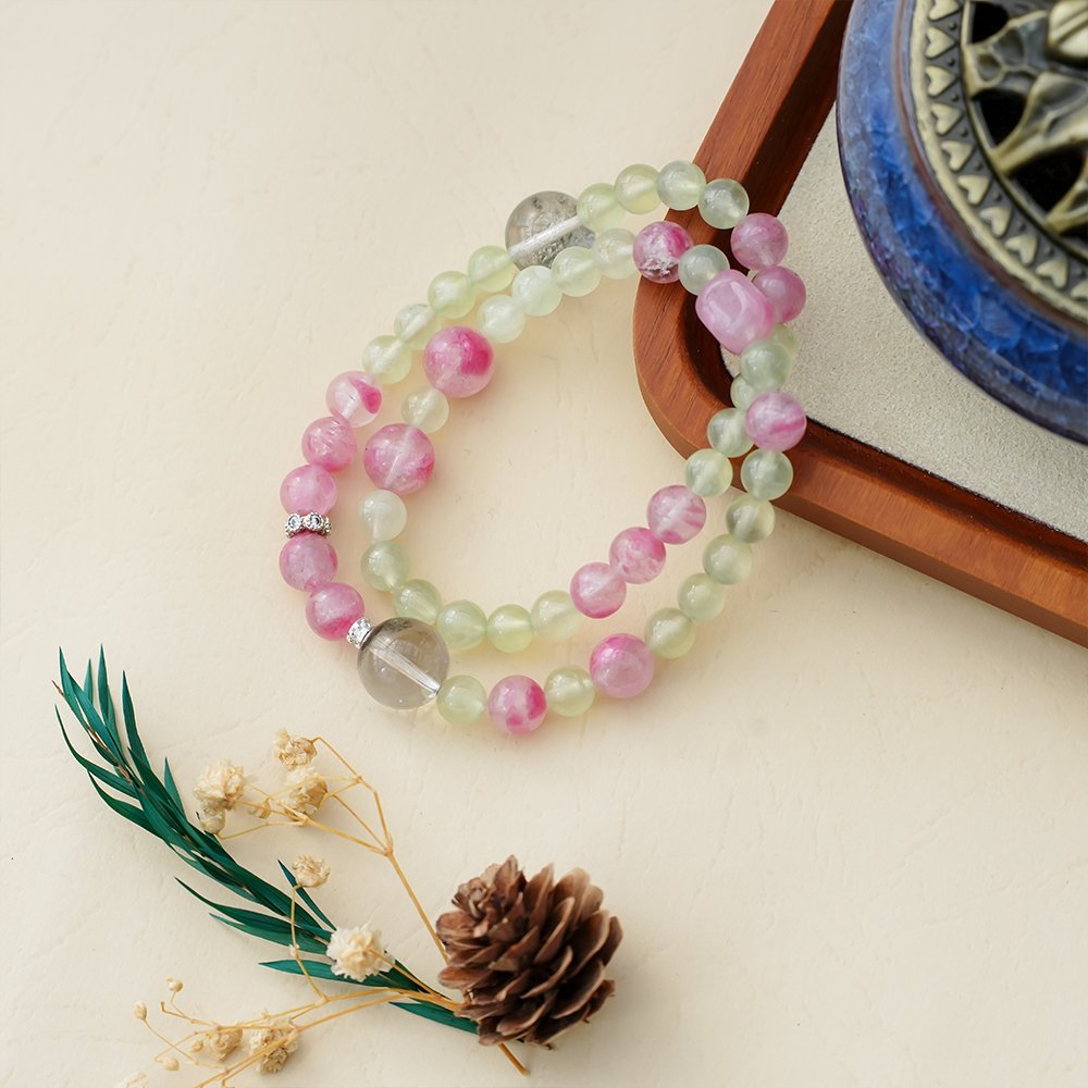 prehnite bracelet,rose stone bracelet,green phantom quartz bracelet,multi wrap crystal bracelet,abundance inspired crystal bracelet,green crystal bracelet,social warmth crystal bracelet,clear direction crystal bracelet,symbolic crystal jewelry,TS-210 bracelet