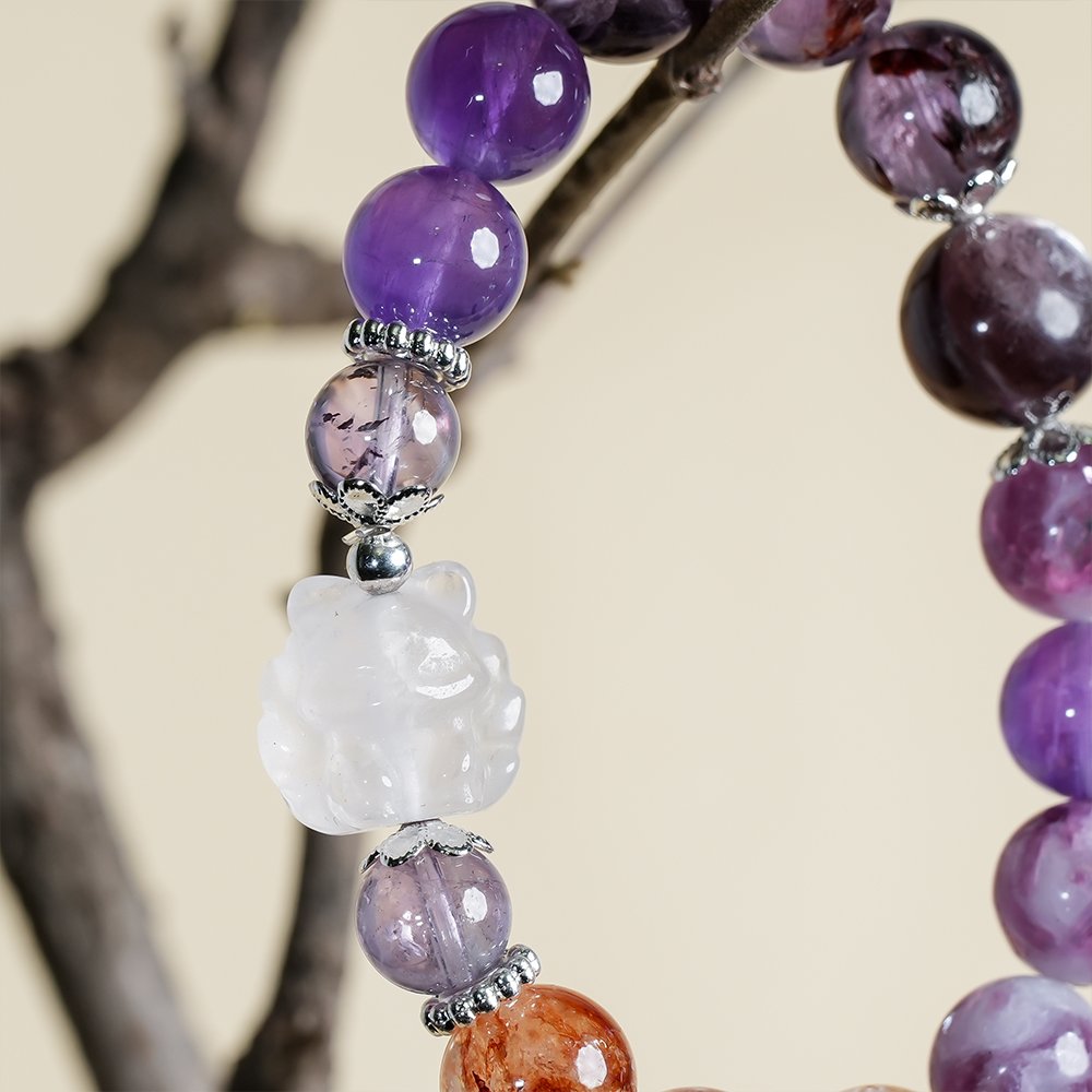 Purple Multi-Gem Rose Quartz Fox Bracelet,TS-110,amethyst bracelet,purple phantom quartz bracelet,lepidolite bracelet,rose quartz fox bracelet,crystal bracelet gift,elegant crystal jewelry