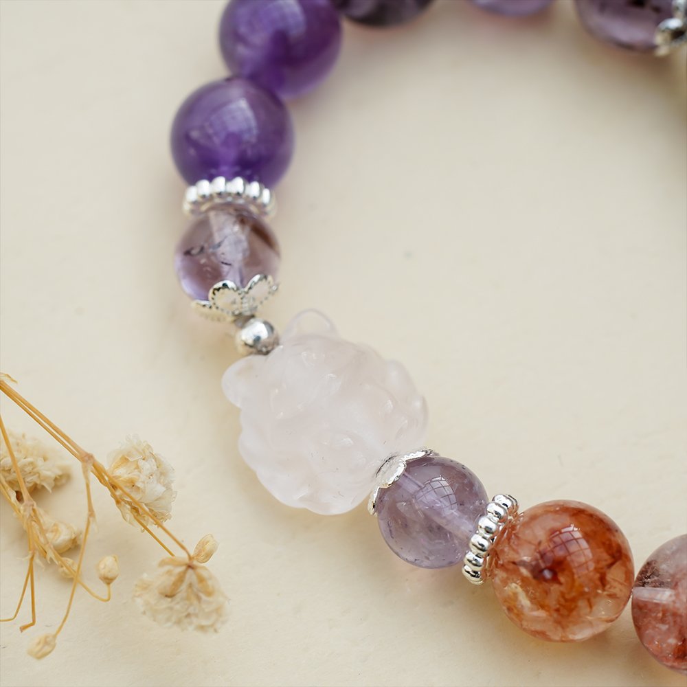 Purple Multi-Gem Rose Quartz Fox Bracelet,TS-110,amethyst bracelet,purple phantom quartz bracelet,lepidolite bracelet,rose quartz fox bracelet,crystal bracelet gift,elegant crystal jewelry