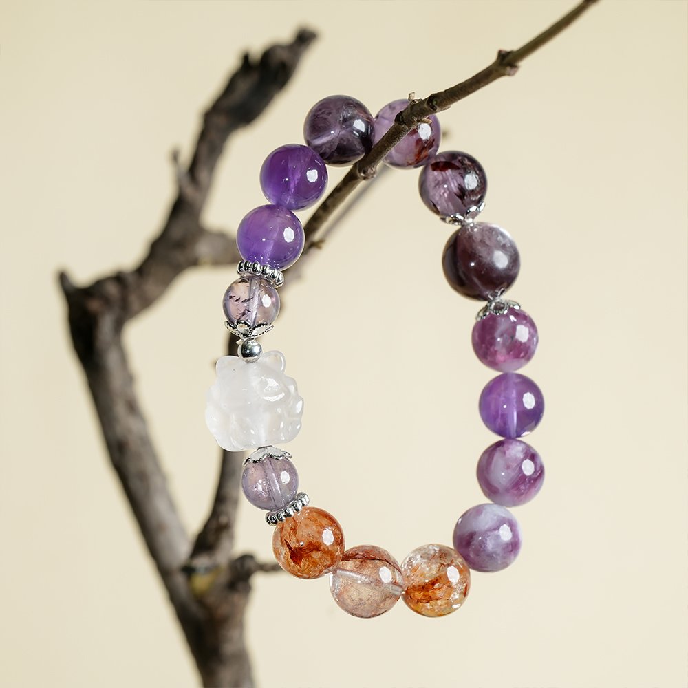 Purple Multi-Gem Rose Quartz Fox Bracelet,TS-110,amethyst bracelet,purple phantom quartz bracelet,lepidolite bracelet,rose quartz fox bracelet,crystal bracelet gift,elegant crystal jewelry